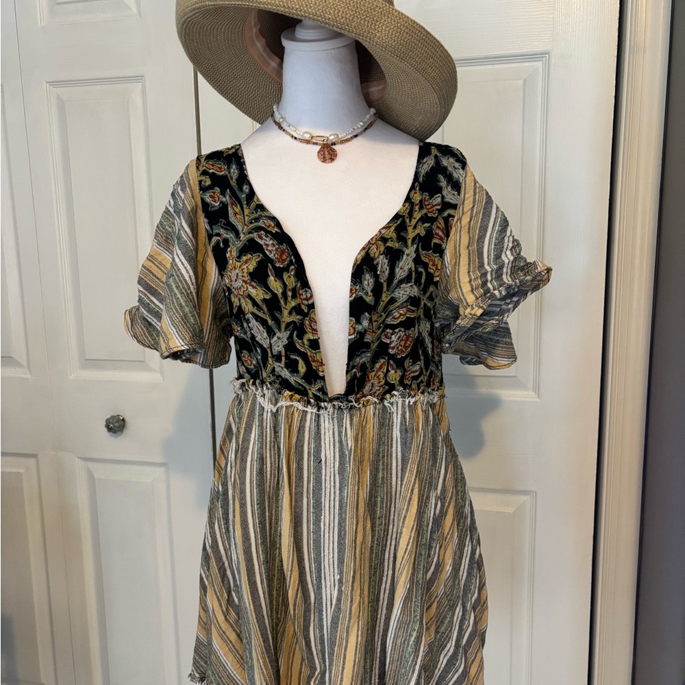 Free People Floral Embroidered Deep V Dress with Stripes